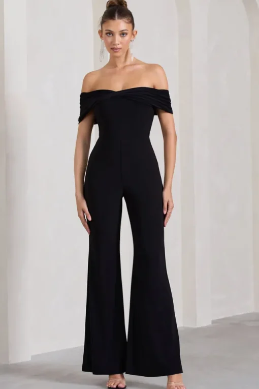 Gemma | Black Bardot Open-Back Flared-Leg Jumpsuit