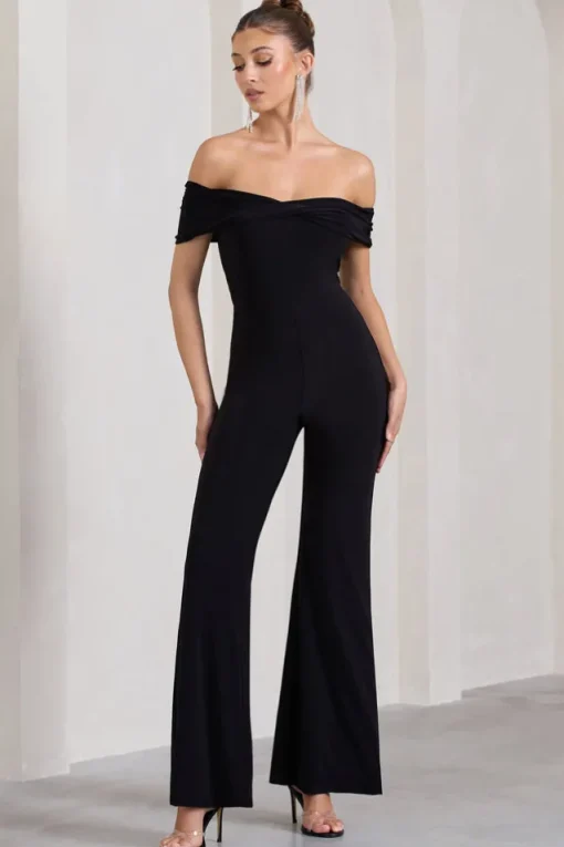 Gemma | Black Bardot Open-Back Flared-Leg Jumpsuit