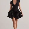 Genevieve | Black Plunge-Neck Mini Dress With Layered Hem