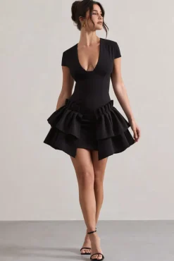 Genevieve | Black Plunge-Neck Mini Dress With Layered Hem