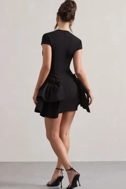 Genevieve | Black Plunge-Neck Mini Dress With Layered Hem