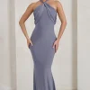 Genevieve | Grey Twist High Neck Drape Detail Maxi Dress
