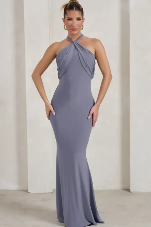 Genevieve | Grey Twist High Neck Drape Detail Maxi Dress