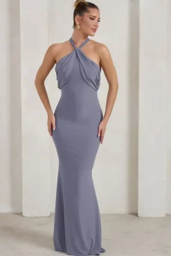 Genevieve | Grey Twist High Neck Drape Detail Maxi Dress