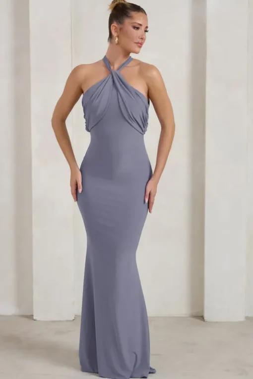 Genevieve | Grey Twist High Neck Drape Detail Maxi Dress