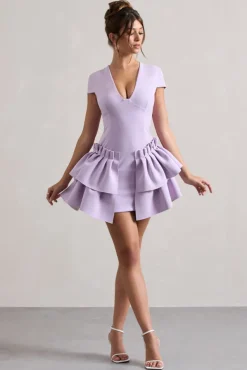 Genevieve | Lilac Plunge-Neck Mini Dress With Layered Hem