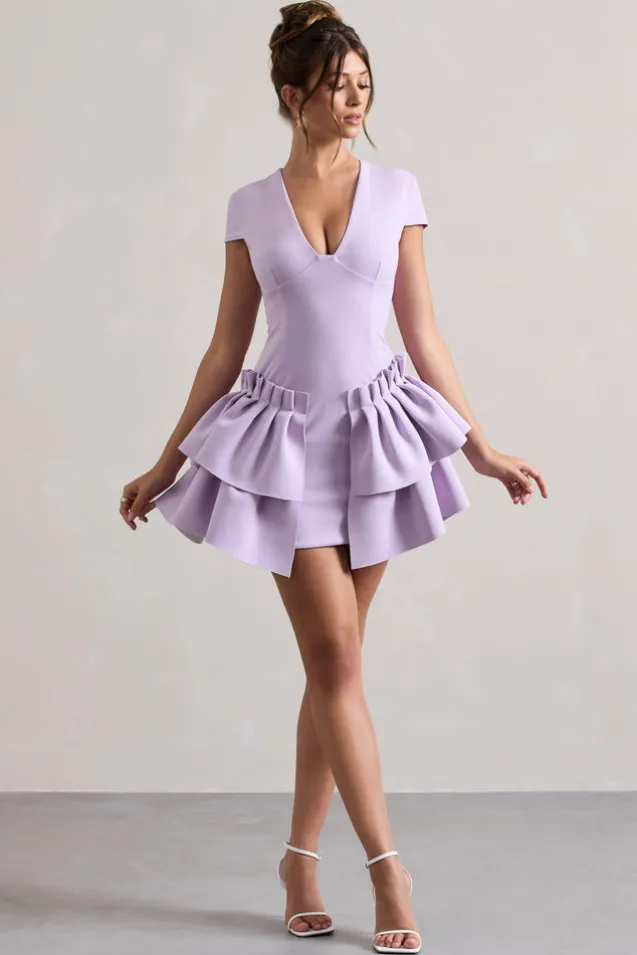 Genevieve | Lilac Plunge-Neck Mini Dress With Layered Hem