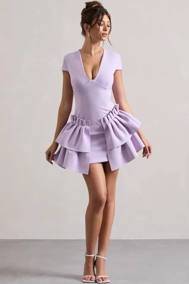 Genevieve | Lilac Plunge-Neck Mini Dress With Layered Hem