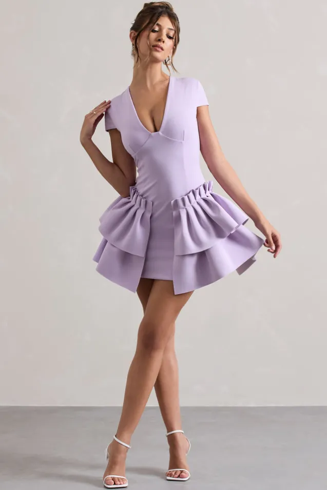 Genevieve | Lilac Plunge-Neck Mini Dress With Layered Hem