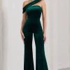 Georgia | Bottle Green Velvet Asymmetric Wide-Leg Jumpsuit