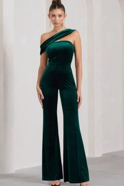 Georgia | Bottle Green Velvet Asymmetric Wide-Leg Jumpsuit