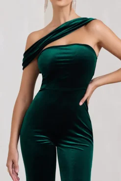 Georgia | Bottle Green Velvet Asymmetric Wide-Leg Jumpsuit