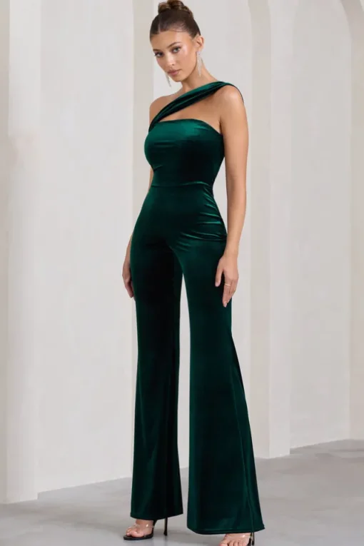 Georgia | Bottle Green Velvet Asymmetric Wide-Leg Jumpsuit