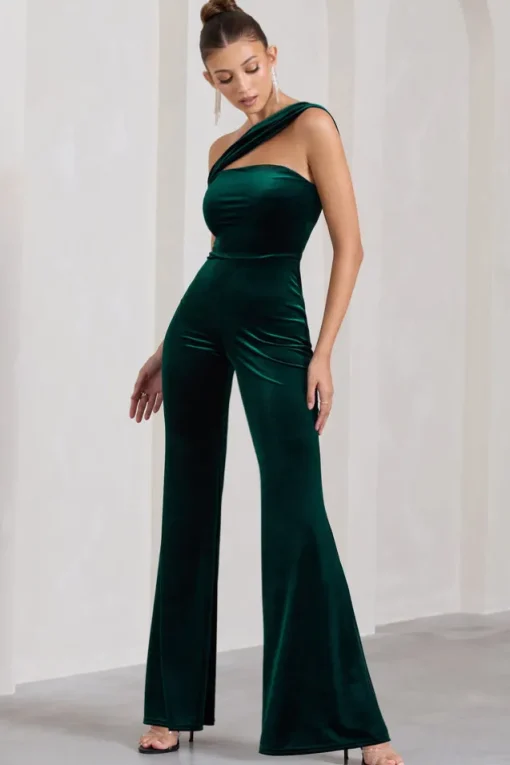 Georgia | Bottle Green Velvet Asymmetric Wide-Leg Jumpsuit