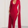 Georgiana | Red Plunge Ruched Maxi Dress with Cape Sleeves
