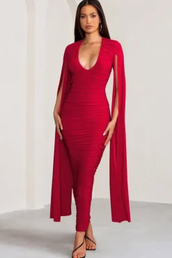 Georgiana | Red Plunge Ruched Maxi Dress with Cape Sleeves
