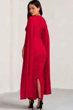 Georgiana | Red Plunge Ruched Maxi Dress with Cape Sleeves