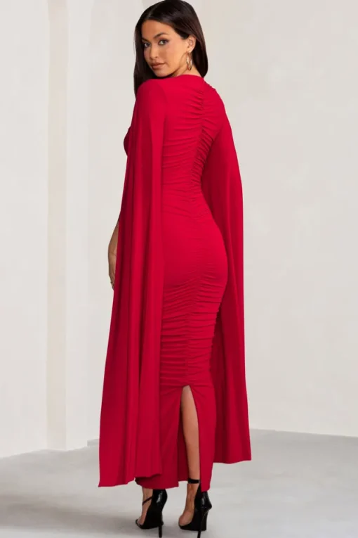 Georgiana | Red Plunge Ruched Maxi Dress with Cape Sleeves