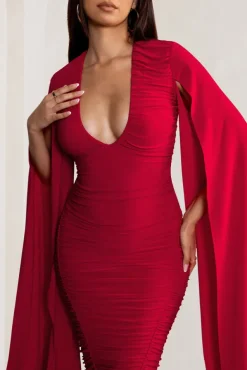 Georgiana | Red Plunge Ruched Maxi Dress with Cape Sleeves