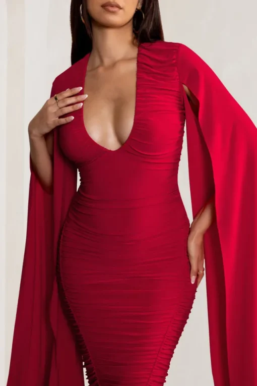 Georgiana | Red Plunge Ruched Maxi Dress with Cape Sleeves