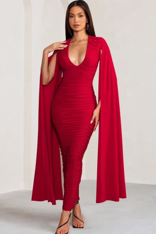Georgiana | Red Plunge Ruched Maxi Dress with Cape Sleeves
