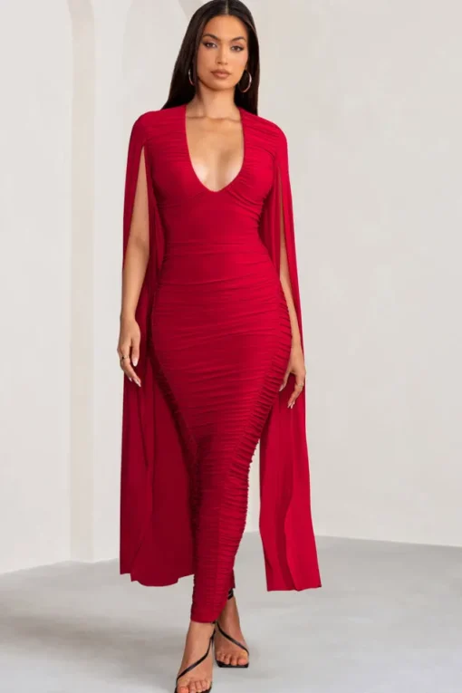 Georgiana | Red Plunge Ruched Maxi Dress with Cape Sleeves