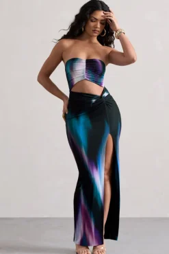 Getaway | Purple Print Bandeau Cut-Out Maxi Dress With Twist