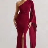 Giada | Berry Ruched One Shoulder Cape Sleeve Maxi Dress