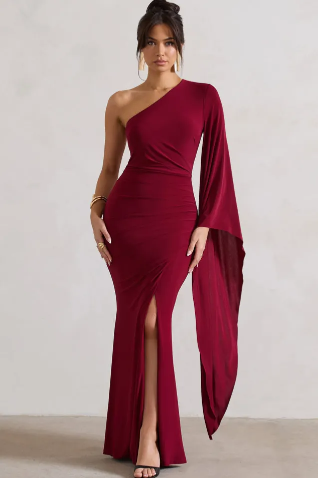 Giada | Berry Ruched One Shoulder Cape Sleeve Maxi Dress