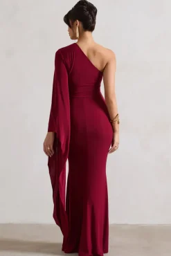 Giada | Berry Ruched One Shoulder Cape Sleeve Maxi Dress