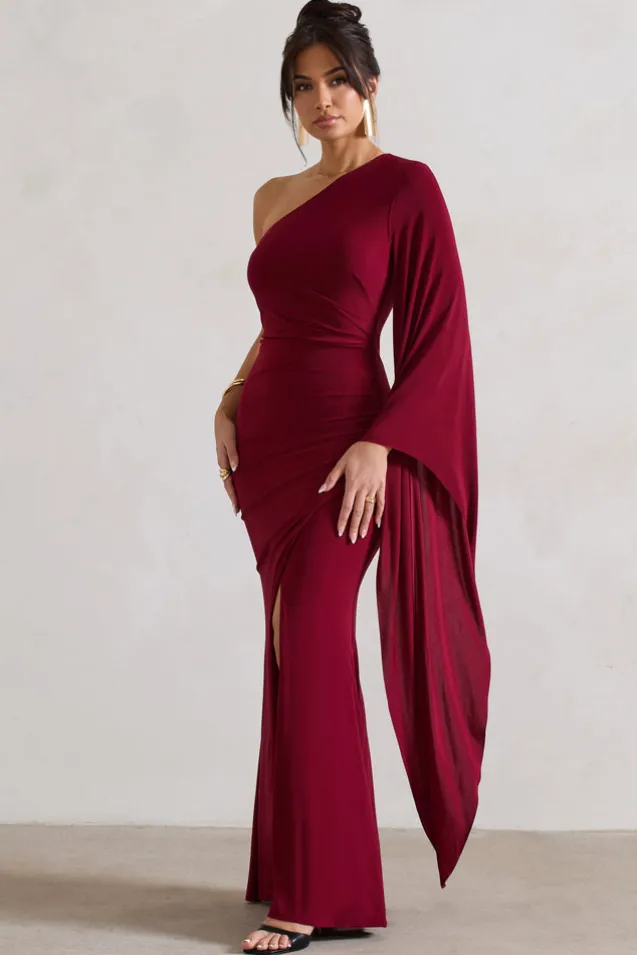 Giada | Berry Ruched One Shoulder Cape Sleeve Maxi Dress