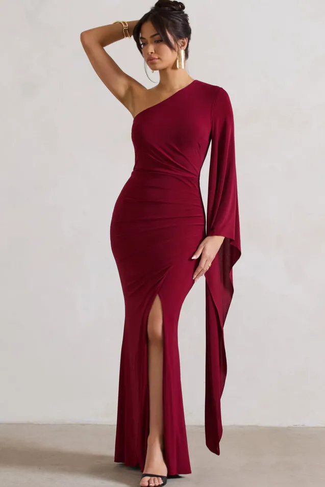 Giada | Berry Ruched One Shoulder Cape Sleeve Maxi Dress