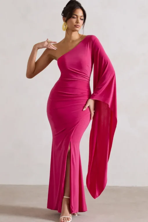 Giada | Dark Pink Ruched One Shoulder Cape Sleeve Maxi Dress