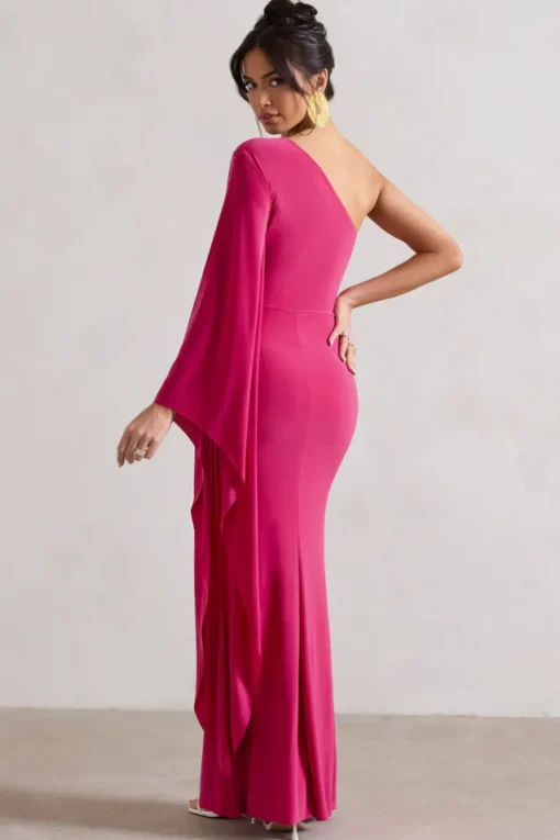 Giada | Dark Pink Ruched One Shoulder Cape Sleeve Maxi Dress
