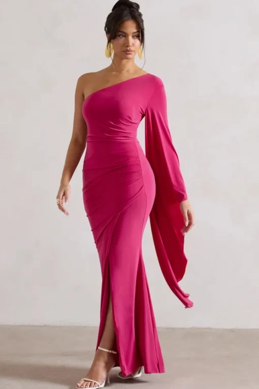 Giada | Dark Pink Ruched One Shoulder Cape Sleeve Maxi Dress