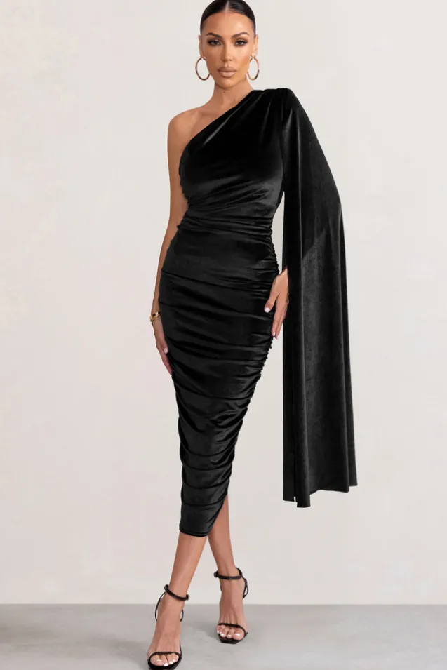 Gianna | Black Velvet One Shoulder Cape Bodycon Midi Dress