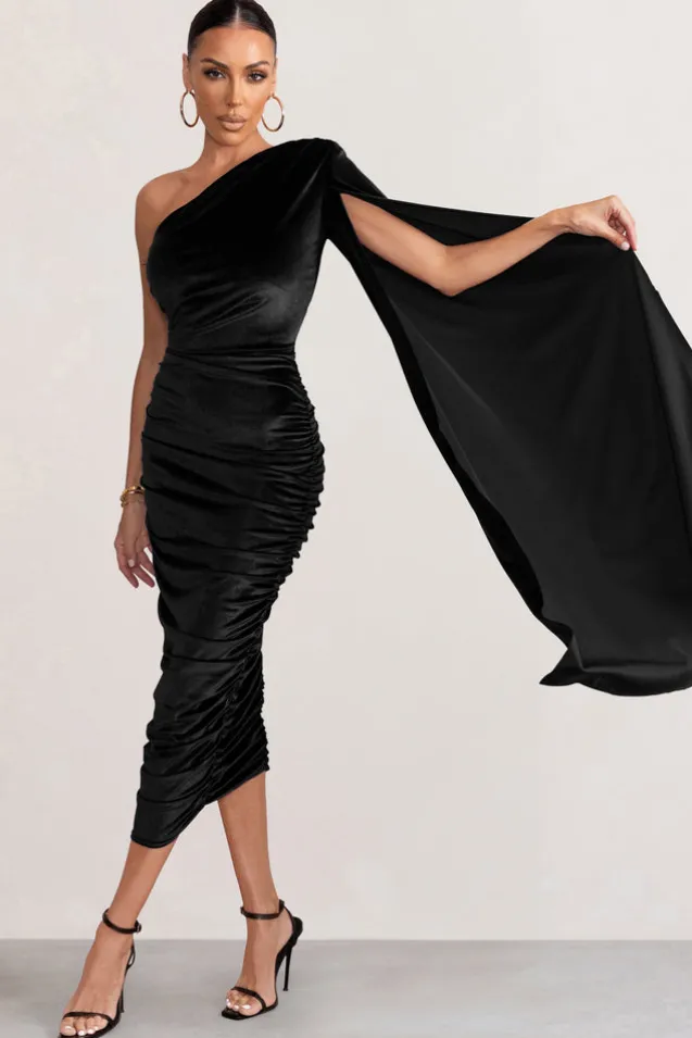 Gianna | Black Velvet One Shoulder Cape Bodycon Midi Dress