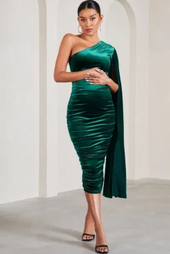 Gianna | Bottle Green Velvet Maternity One Shoulder Cape Bodycon Midi Dress