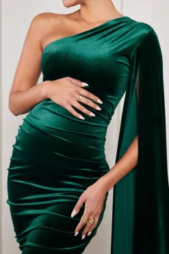 Gianna | Bottle Green Velvet Maternity One Shoulder Cape Bodycon Midi Dress