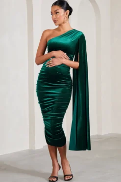 Gianna | Bottle Green Velvet Maternity One Shoulder Cape Bodycon Midi Dress