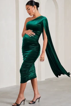 Gianna | Bottle Green Velvet Maternity One Shoulder Cape Bodycon Midi Dress
