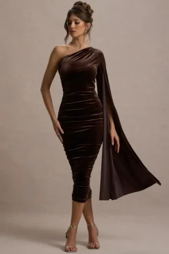 Gianna | Chocolate Velvet One Shoulder Cape Bodycon Midi Dress
