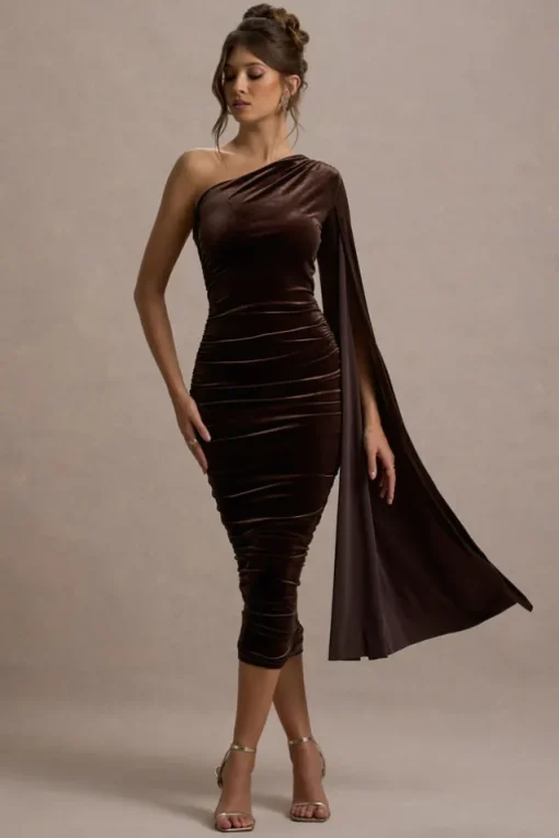 Gianna | Chocolate Velvet One Shoulder Cape Bodycon Midi Dress