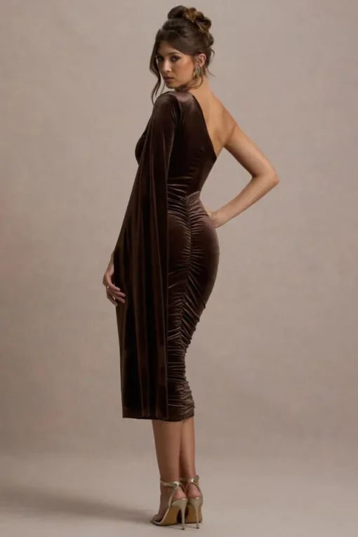 Gianna | Chocolate Velvet One Shoulder Cape Bodycon Midi Dress