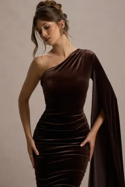 Gianna | Chocolate Velvet One Shoulder Cape Bodycon Midi Dress