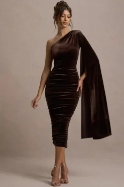 Gianna | Chocolate Velvet One Shoulder Cape Bodycon Midi Dress