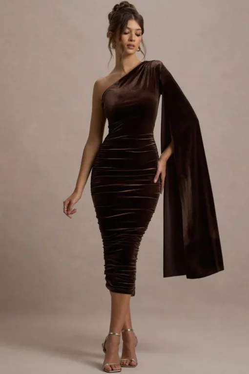Gianna | Chocolate Velvet One Shoulder Cape Bodycon Midi Dress