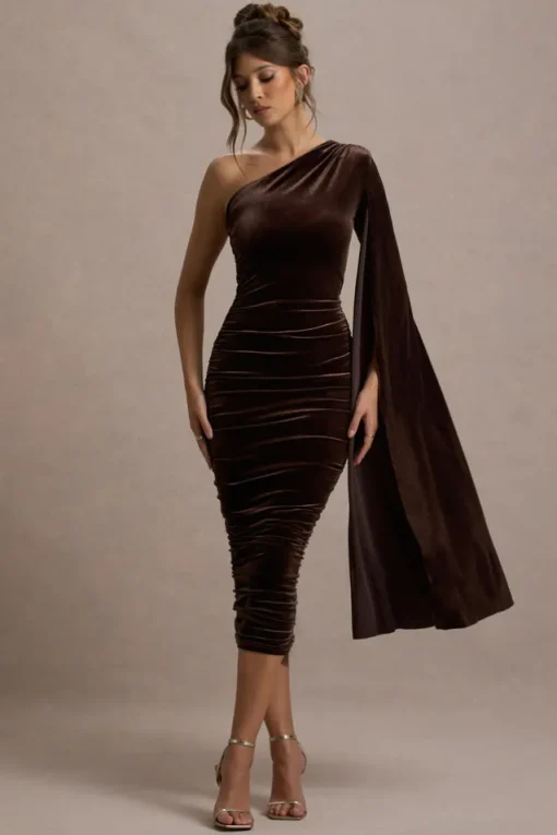 Gianna | Chocolate Velvet One Shoulder Cape Bodycon Midi Dress
