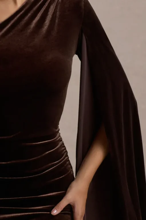 Gianna | Chocolate Velvet One Shoulder Cape Bodycon Midi Dress