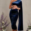 Gianna | Navy Velvet Maternity One Shoulder Cape Bodycon Midi Dress